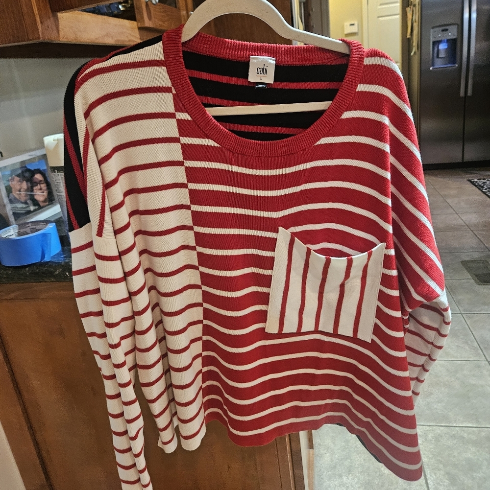 CAbi Striped Red and White Crew Neck Sweater